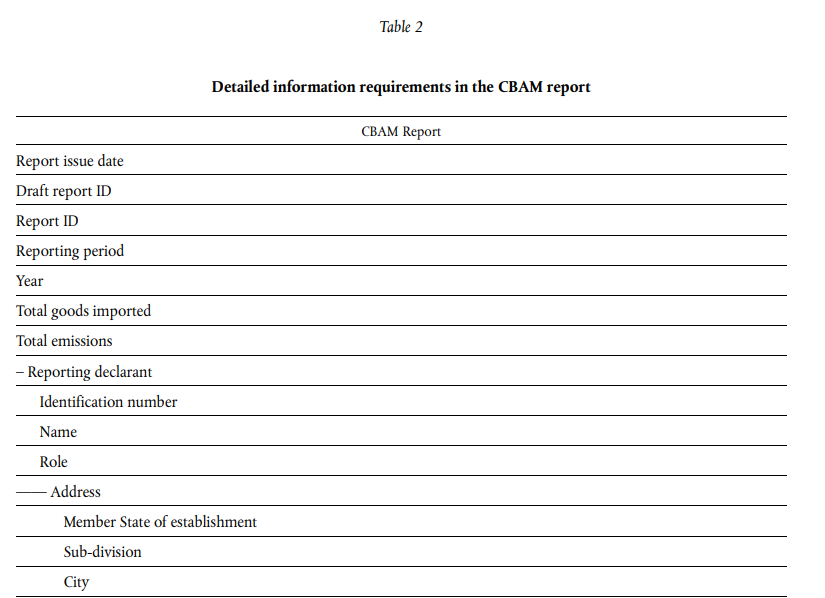 CBAM report Annex 1 Table 2 Screenshot