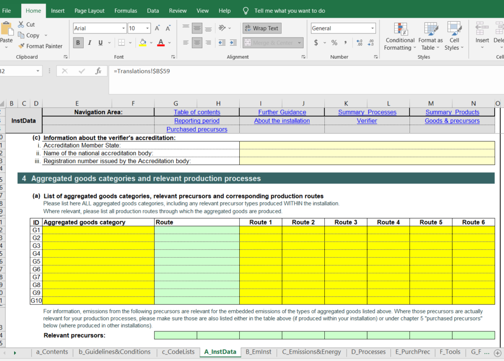 CBAM communication template for installations excel screenshot